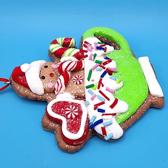 Gingerbread Man in Green Cup Ornament Clay Dough Faux Cookie Fake Bake Xmas v3 - Picture 8 of 9